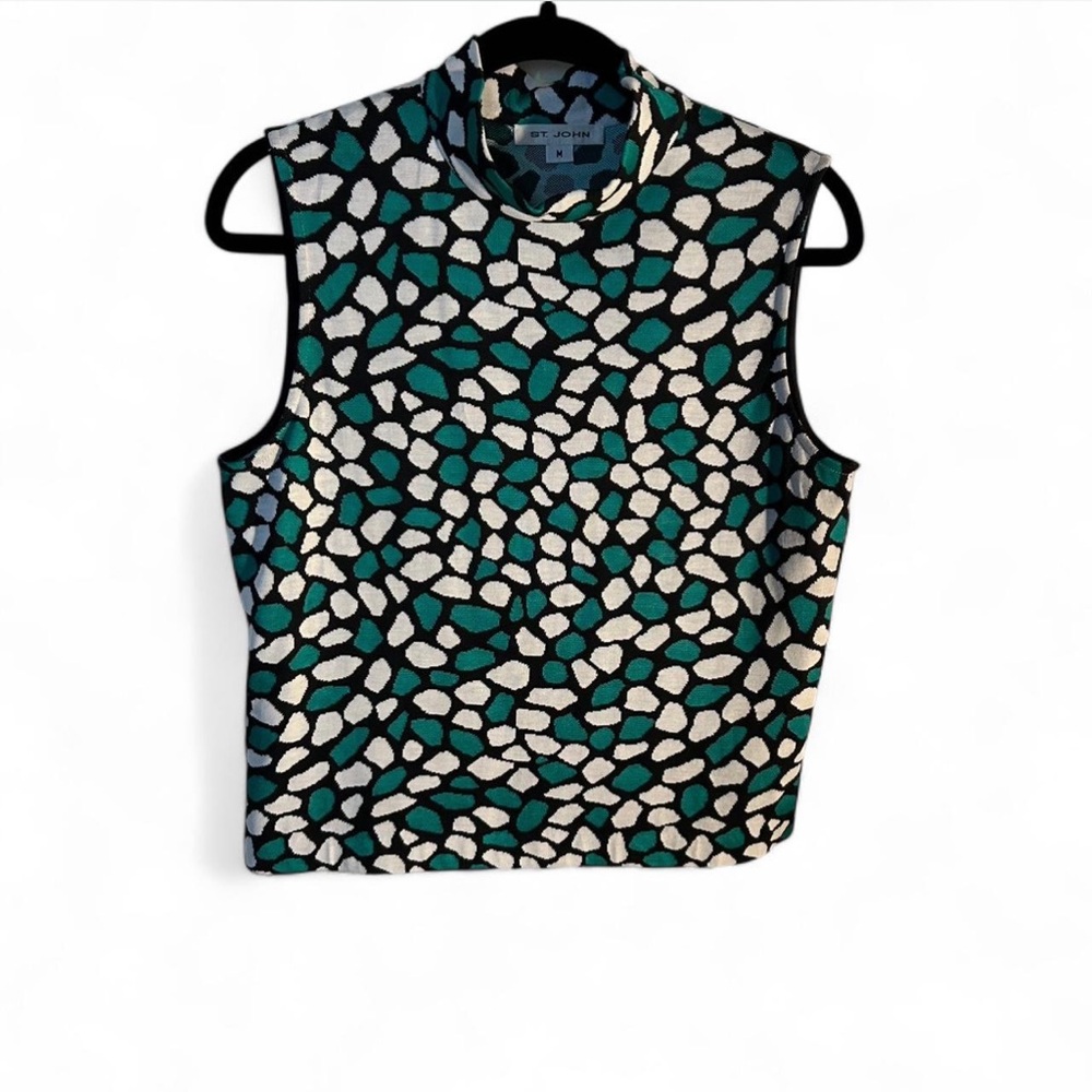 St John green & black pebble print sleeveless Santana knit tank top size Medium